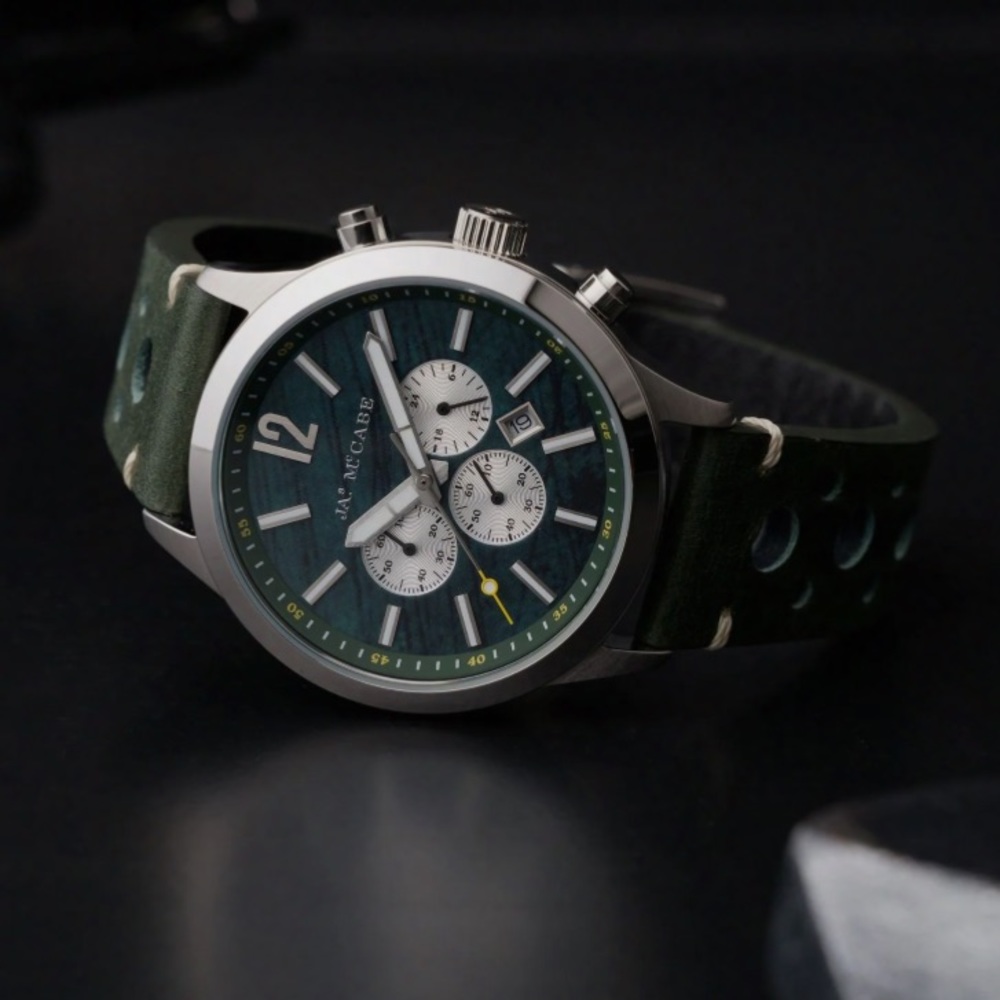 James McCabe Colcham Chronograph Timepiece | Pine Green | Leather | 40 mm | 5ATM
